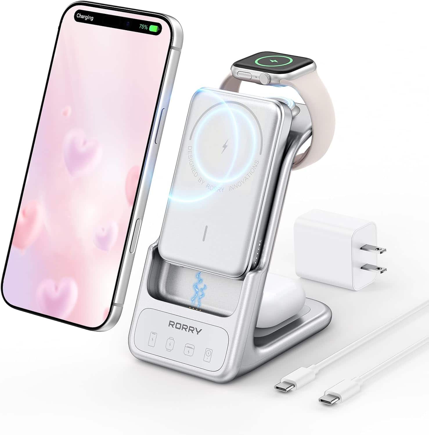 RORRY - AuraDock 3-in-1 5000mAh Charging Station, 20W Magnetic Wireless Charger for iPhone, Apple Watch & AirPods - Silver