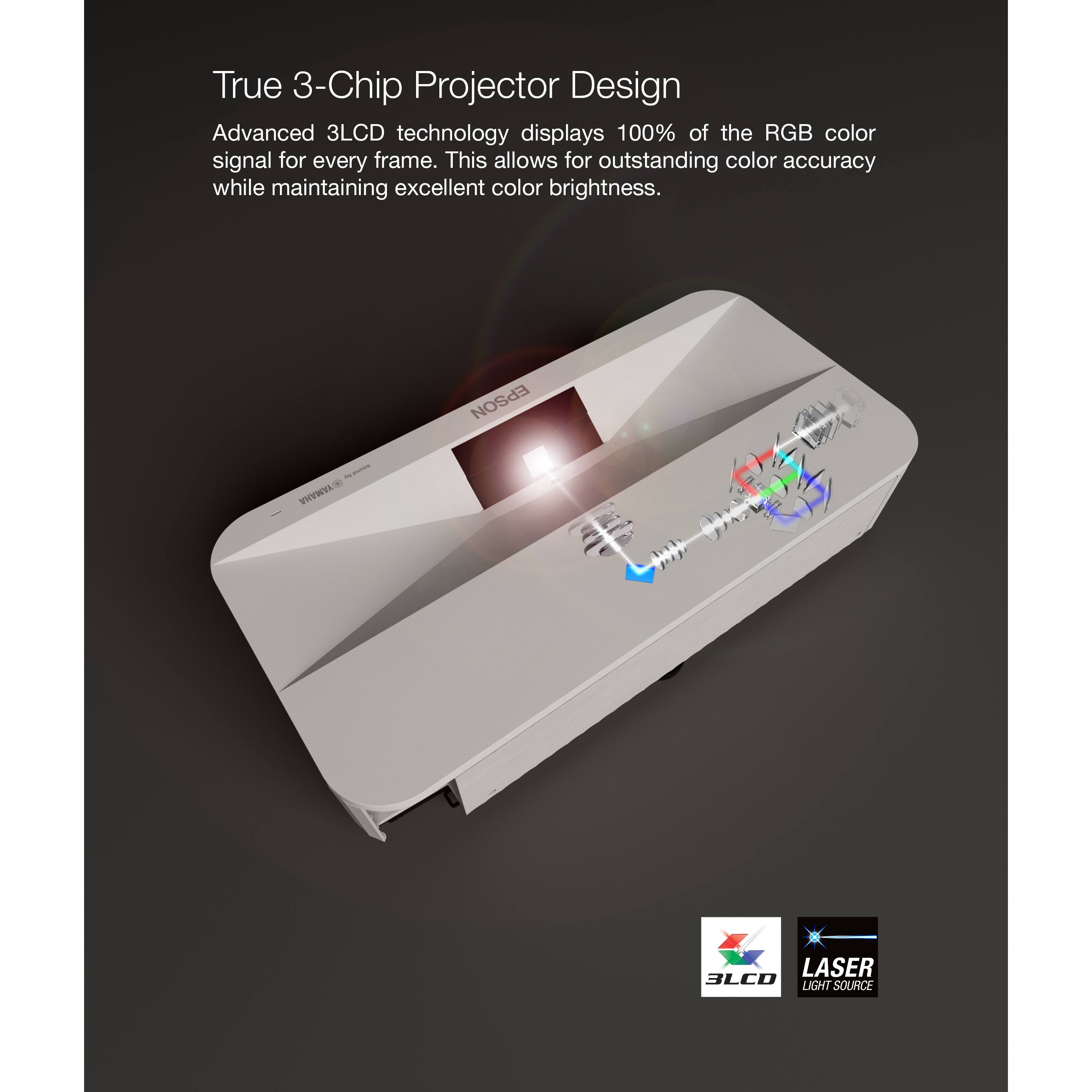 True 3-Chip Projector Design Advanced 3LCD technology displays 100% of the RGB color signal for every frame, allowing for outstanding color accuracy while maintaining excellent color brightness. Epson Yamaha Laser 3LCD Light Source.
