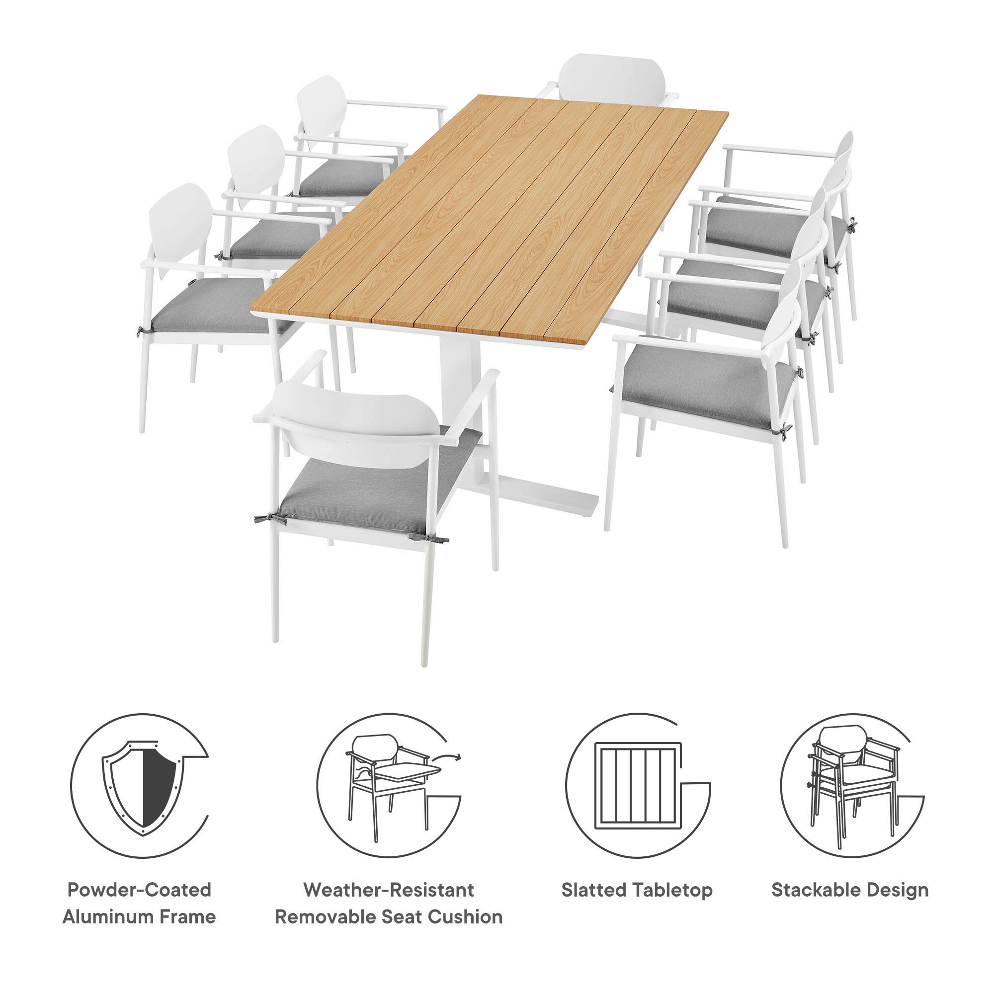 Powder-Coated Weather-Resistant Aluminum Frame, Removable Seat Cushion, Slatted Tabletop, Stackable Design