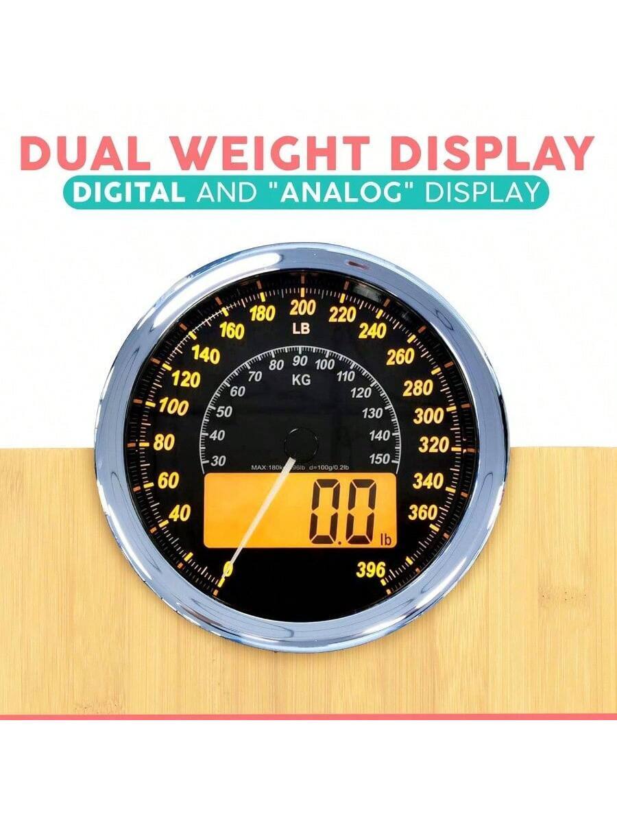 DUAL WEIGHT DISPLAY  
DIGITAL AND "ANALOG" DISPLAY  

180 200 220 160 LB 240 140 80 90 100 260 120 70 KG 110 60 120 280 100 50 130 300 40 140 80 320 30 150 MAX 180k d=100g/0 290 60 340 40  lb 360 396