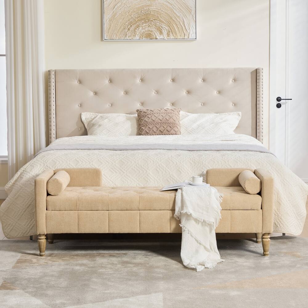 Left. Ropilly - Ropilly 64.6" Upholstered Storage Bench, Tufted End of Bed Bench with Backrest & Armrests, Wheat - Wheat.
