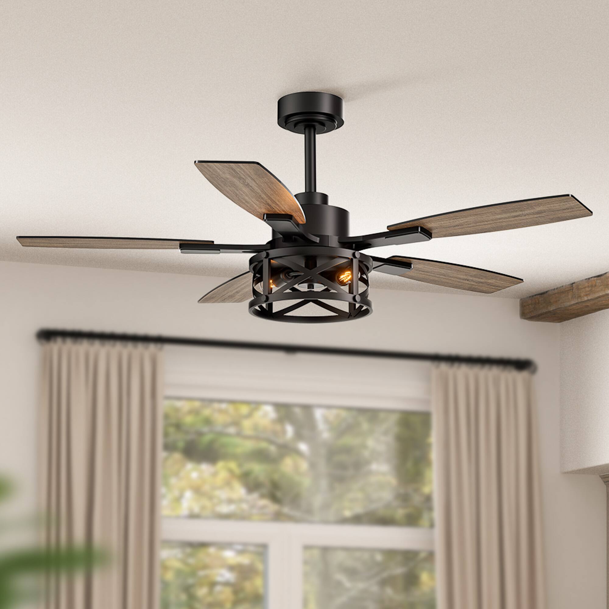 Left. Siljoy - 52 Inch Black Ceiling Fan with Lights and Remote  Farmhouse Cage Ceiling Fan  Fits Patio Bedroom Living Room - Matte Black.