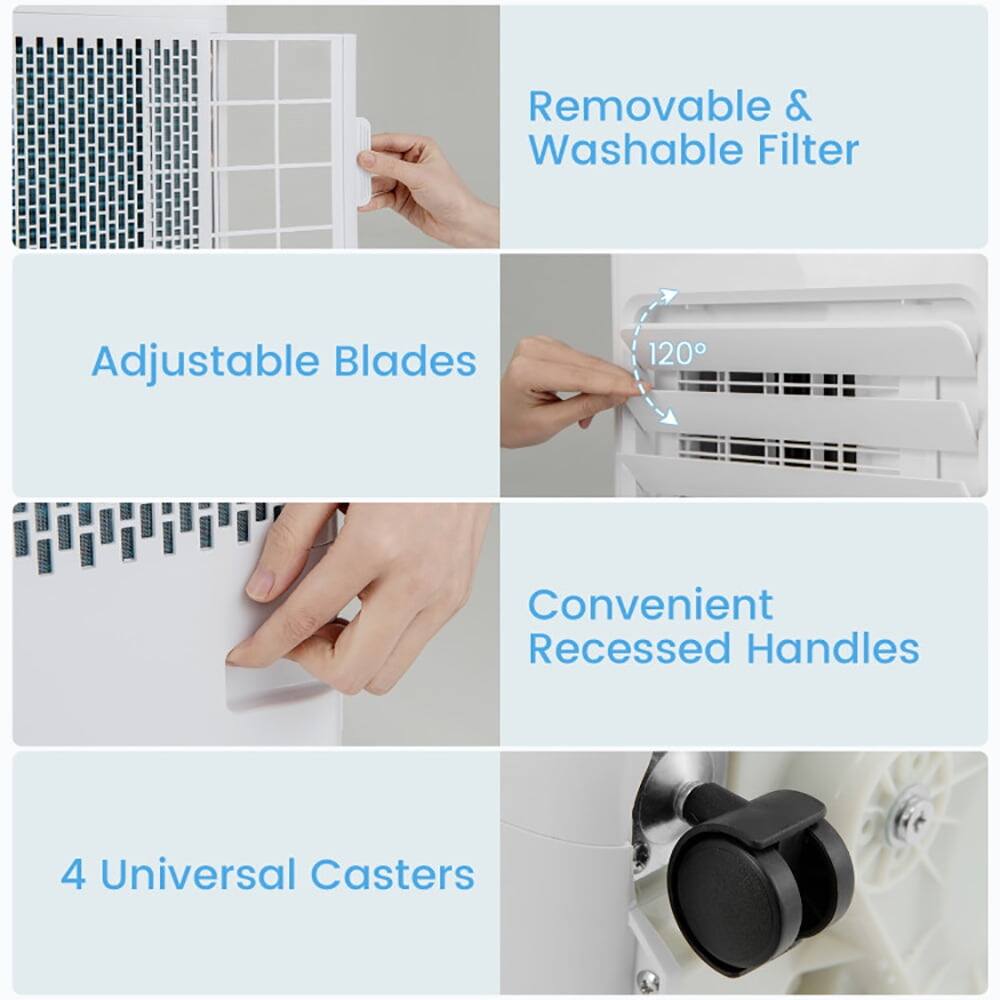 - Removable & Washable Filter
- Adjustable Blades
- Convenient Recessed Handles
- 4 Universal Casters