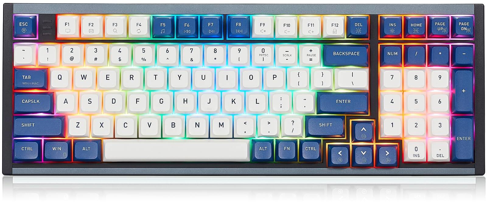 Sure, here is the corrected and grouped text from the image:
**Top Row:**
- ESC
- F1
- F2
- F3
- F4
- F5
- F6
- F7
- F8
- F9
- F10
- F11
- F12
- DEL
- INS
- HOME
- PAGE UP
- PAGE DN
**Number Row:**
- 1
- 2
- 3
- 4
- 5
- 6
- 7
- 8
- 9
- 0
- -
- +
- BACKSPACE
**Letter Row:**
- Q
- W
- E
- R
- T
- Y
- U
- I
- O
- P
- {
- }
- |
- ENTER
**Bottom Row:**
- SHIFT
- Z
- X
- C
- V
- B
- N
- M
- ,
- .
- /
- SHIFT
**Function Row:**
- CTRL
- WIN
- ALT
- FN
- CTRL
**Numeric Keypad:**
- NUM
- 7