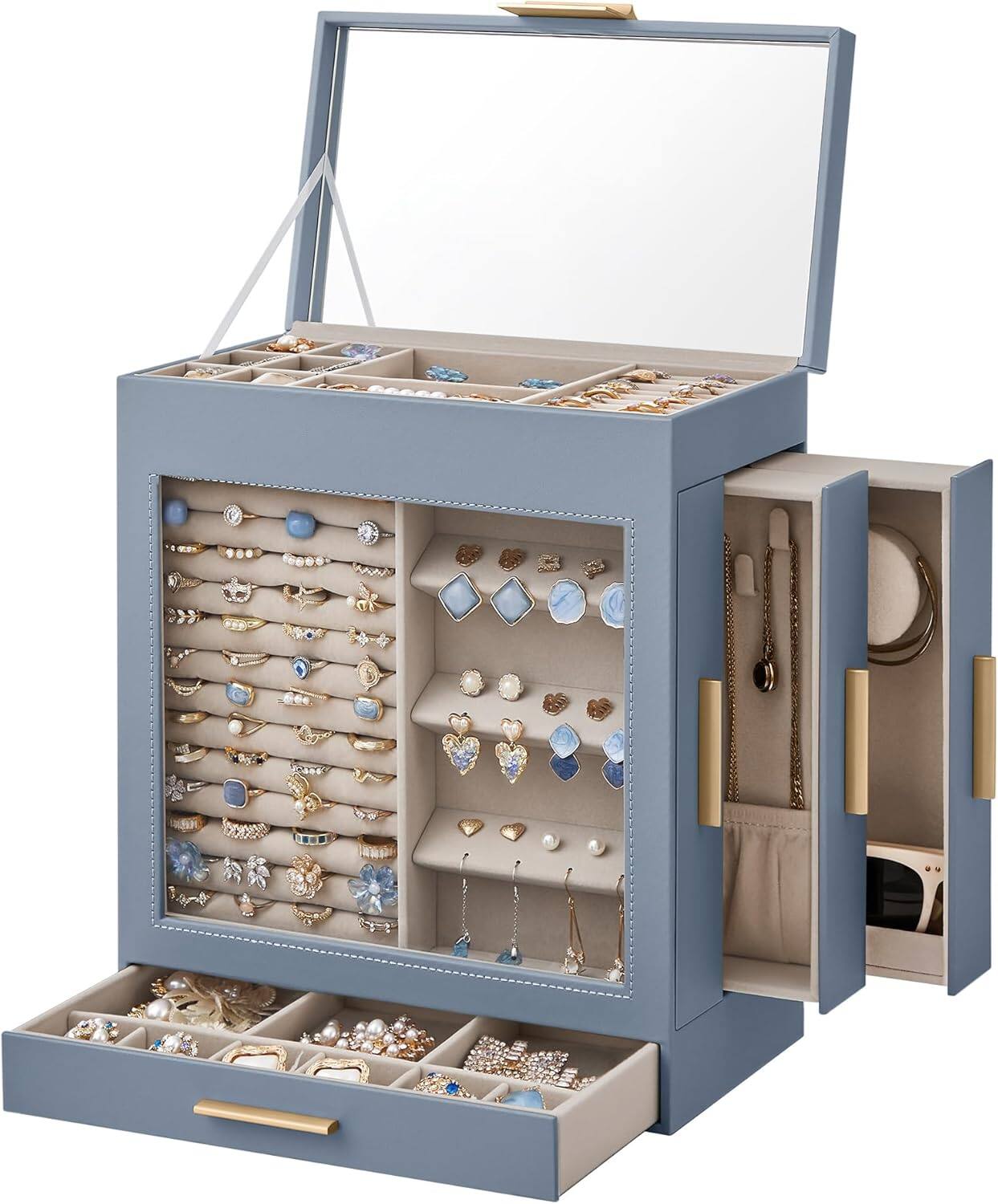 Front. Stamp n Camp - SONGMICS Jewelry Box with Glass Window, 5-Layer Jewelry Organizer with 3 Side Drawers, Jewelry Storage, with Big Mirr... - Blue + Metallic Gold-6.1’’D x 10.3’’W x 12.6’’H.