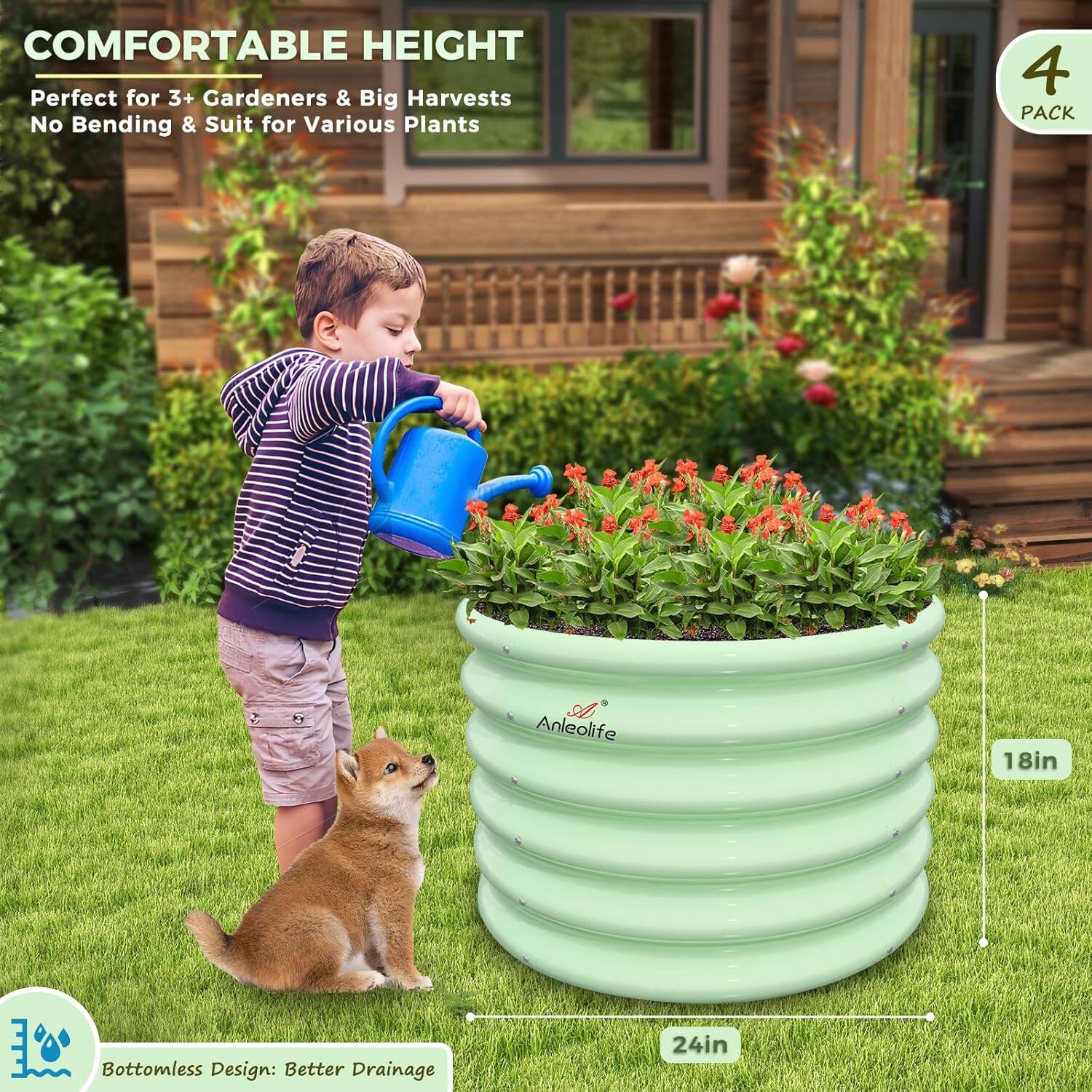**COMFORTABLE HEIGHT**  
Perfect for 3+ Gardeners & Big Harvests  
No Bending & Suit for Various Plants  

**4 PACK**  

**Bottomless Design: Better Drainage**  

**18in**  
**24in**  

Anleolife