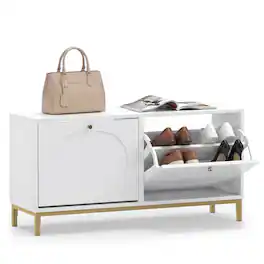 Costway - Shoe Storage Bench, Narrow Entryway Bench with 2 Flip Drawers & Adjustable Shelves - White + Golden