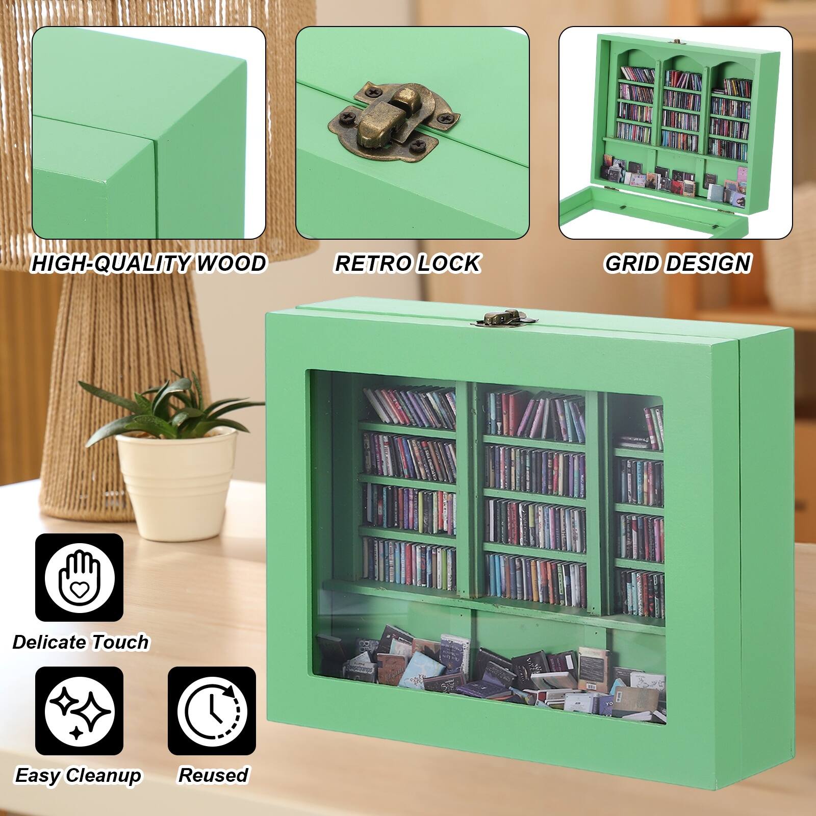 HIGH-QUALITY WOOD  
RETRO LOCK  
GRID DESIGN  

Delicate Touch  
Easy Cleanup  
Reusable