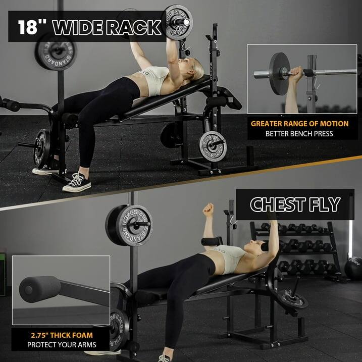 18" WIDE RACK - GREATER RANGE OF MOTION BETTER BENCH PRESS
CHEST FLY - 2.75" THICK FOAM PROTECT YOUR ARMS