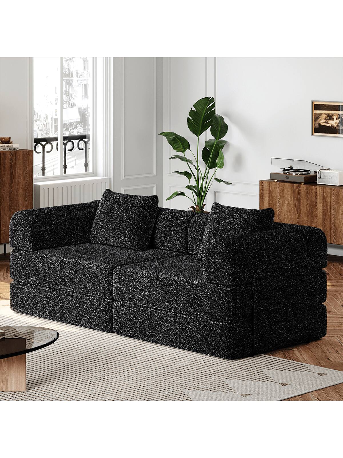 Alt View 5. Trinkets Crazed - Convertible Sofa Bed, 72.4"+ 72.4" Sectional Couch 4-Seater With Storage Pockets Modular Sleeper Couch - Black.