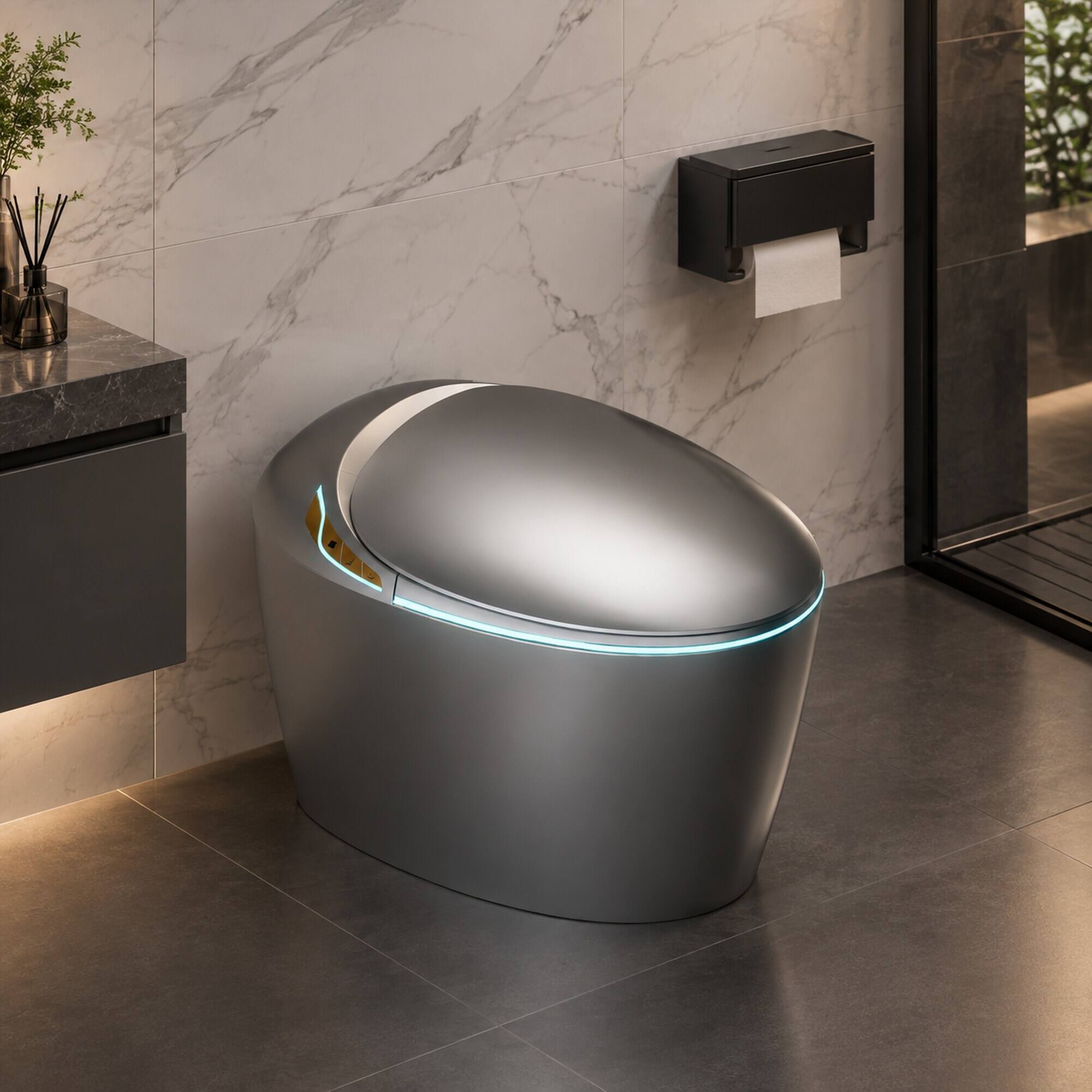 Back. RYHNUYNE - Unique Smart Bidet Toilet With Heated Seat, Auto Open Close Foot Sensor LED Display Nightlight Warm Water Dryer In Grey - Grey.