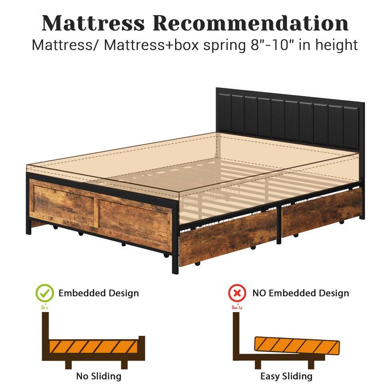 Mattress Recommendation  
Mattress/ Mattress+box spring 8"-10" in height  

Embedded Design  
No Sliding  

NO Embedded Design  
Easy Sliding