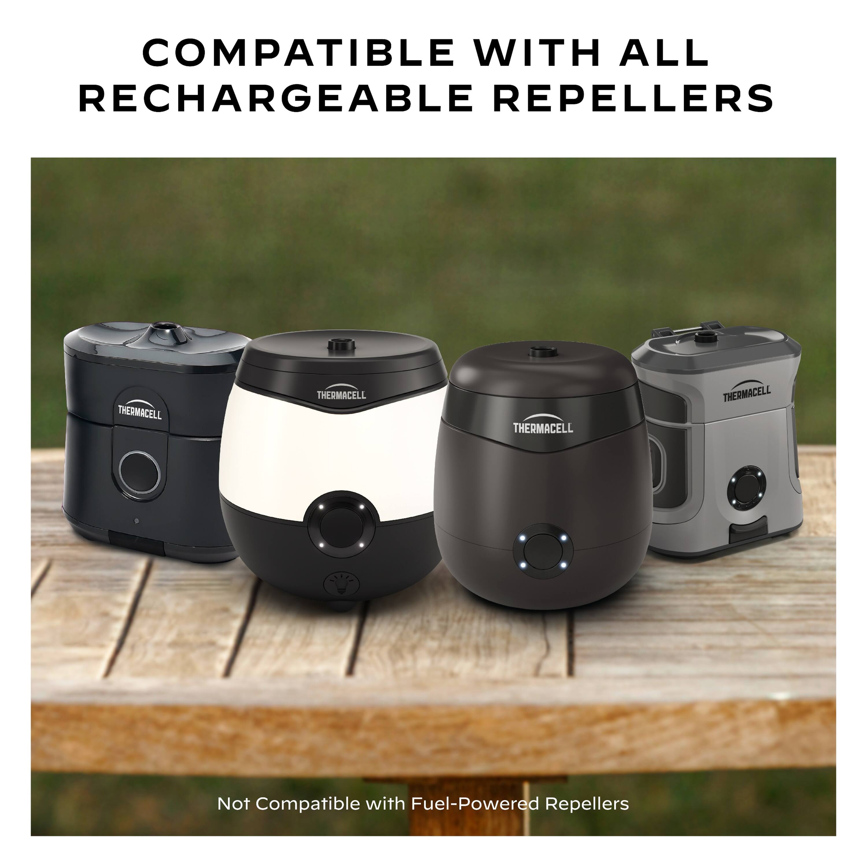 COMPATIBLE WITH ALL RECHARGEABLE REPELLERS THERMACELL THERMACELL THERMACELL THERMACELL Not Compatible with Fuel-Powered Repellers