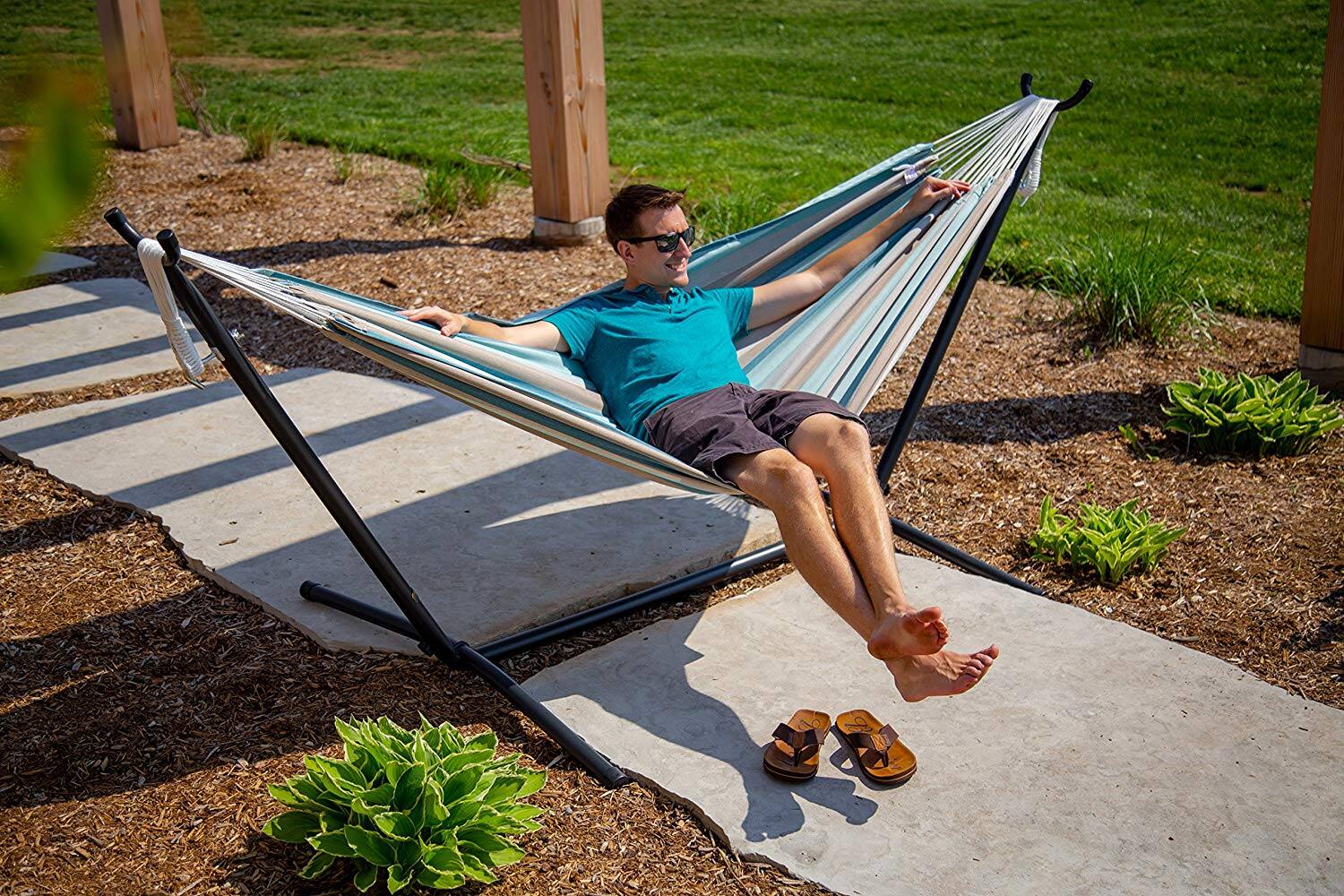 Alt View 10. Vivere - Vivere Brazilian Style Sunbrella Double Hammock with Steel Stand, Gateway Mist - Lagoon.