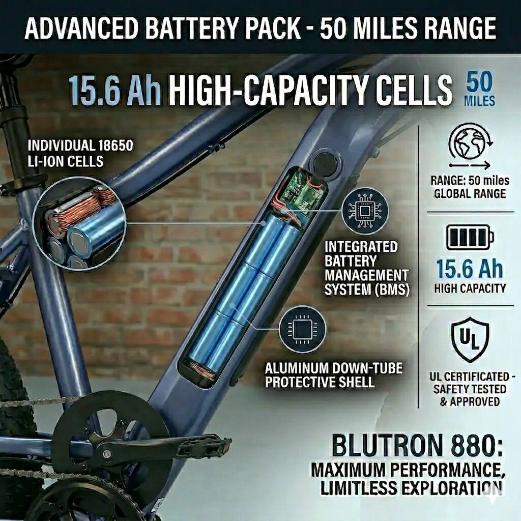 ADVANCED BATTERY PACK - 50 MILES RANGE

15.6 Ah HIGH-CAPACITY CELLS

- INDIVIDUAL 18650 LI-ION CELLS
- INTEGRATED BATTERY MANAGEMENT SYSTEM (BMS)
- ALUMINUM DOWN-TUBE PROTECTIVE SHELL
- UL CERTIFICATED - SAFETY TESTED & APPROVED

RANGE: 50 MILES GLOBAL RANGE

15.6 Ah HIGH CAPACITY

BLUTRON 880: MAXIMUM PERFORMANCE, LIMITLESS EXPLORATION