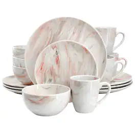 Elama - Fine Marble 16 Piece Porcelain Dinnerware Set - Red and Gray