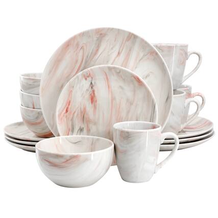 Front. Elama - Elama Fine Marble 16 Piece Porcelain Dinnerware Set in Red and Gray - Red and Gray.