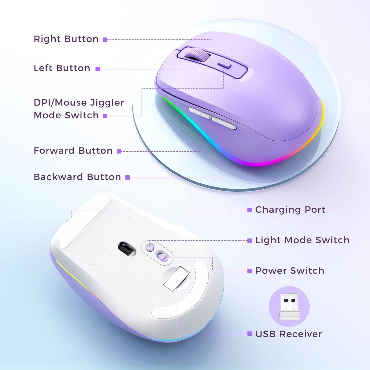 - Right Button
- Left Button
- DPI/Mouse Jiggler Mode Switch
- Forward Button
- Backward Button
- Charging Port
- Light Mode Switch
- Power Switch
- USB Receiver