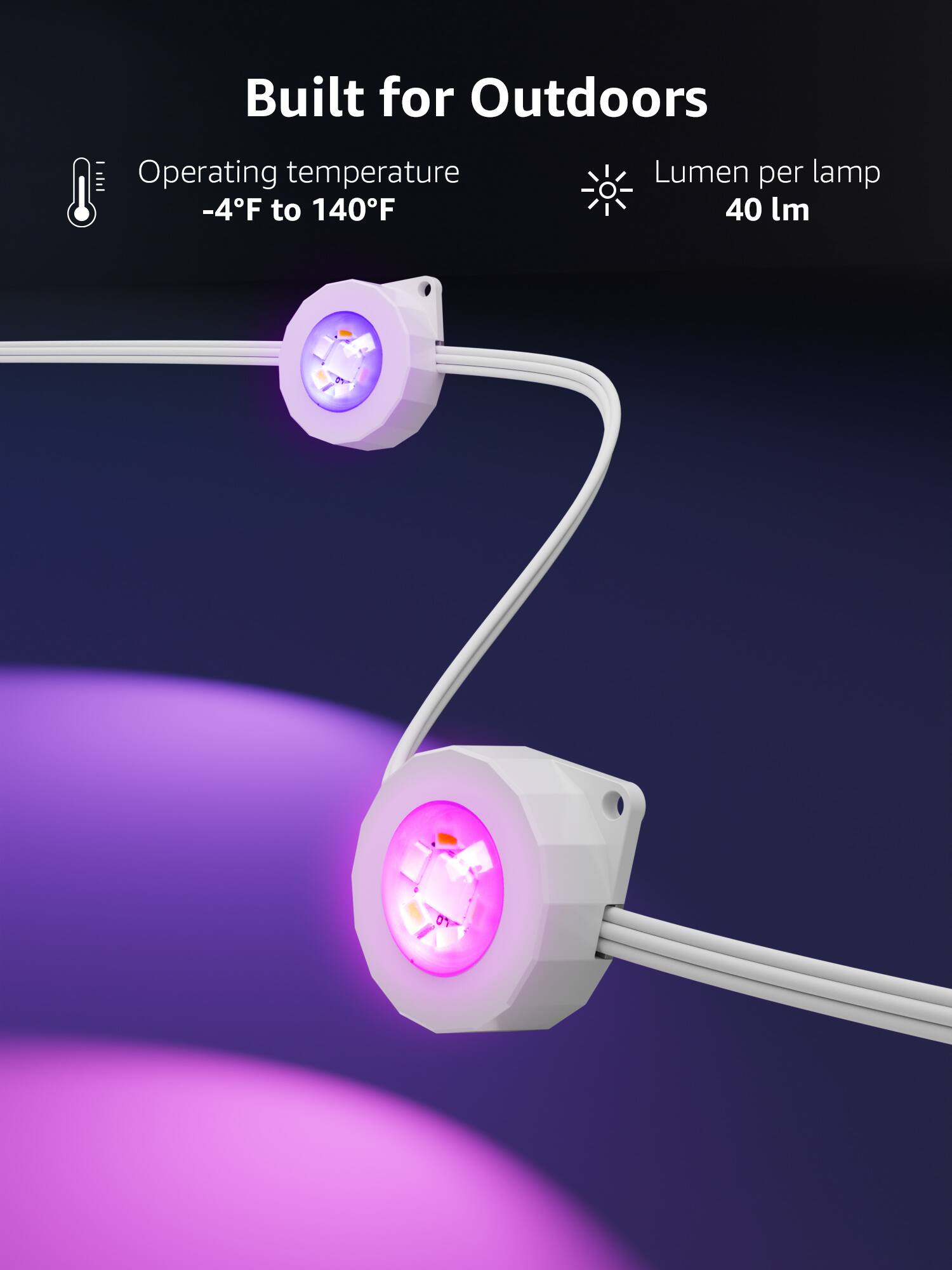Built for Outdoors: Operating temperature -4°F to 140°F. Lumen per lamp: 40lm/0.01m.