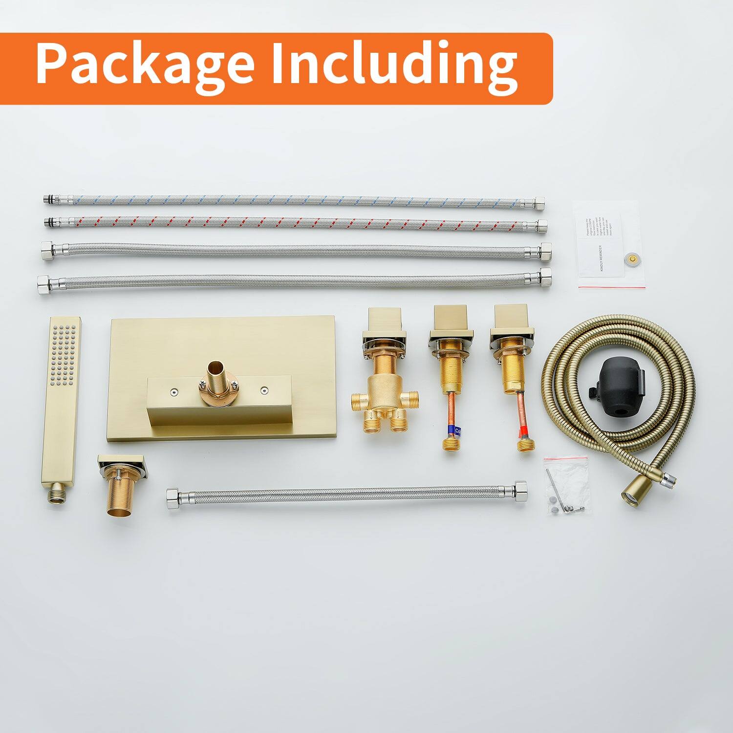 Package Including

- 3 x Shower Heads
- 1 x Control Panel
- 1 x Remote Control
- 1 x Hose
- 1 x Wall Mount
- 1 x Water Valve
- 1 x Water Filter
- 1 x Instruction Manual