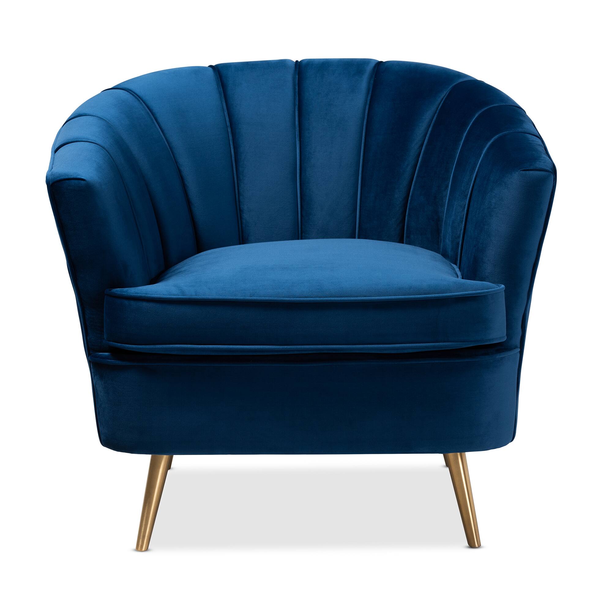 Angle. Baxton Studio - Emeline Glam and Luxe Velvet Fabric Upholstered Brushed Gold Finished Accent Chair - Blue/Gold.