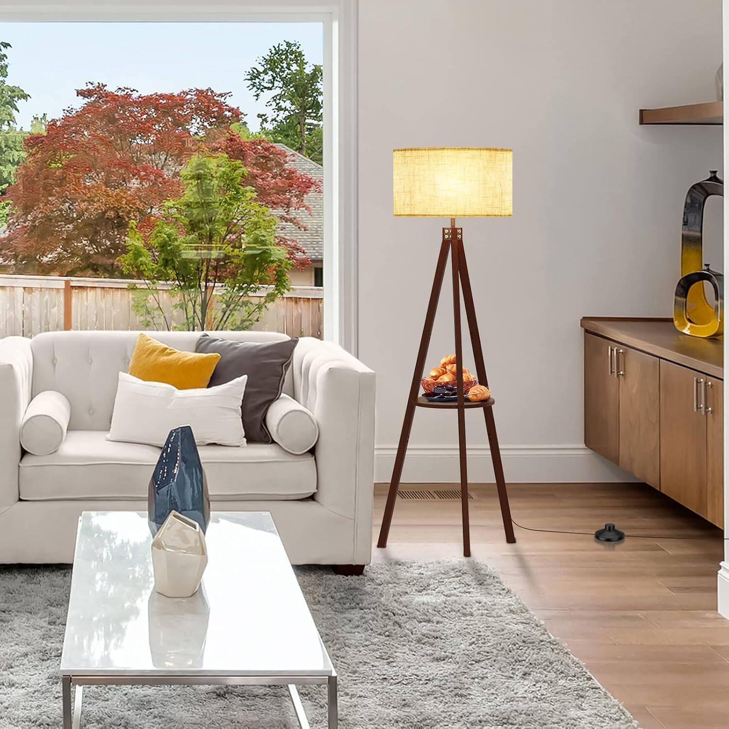 Alt View 3. Lepower - 61" Tripod Floor Lamp with Shelf, E26 Base, Solid Wood Standing Lamp for Living Room, Bedroom & Office - Walnut.