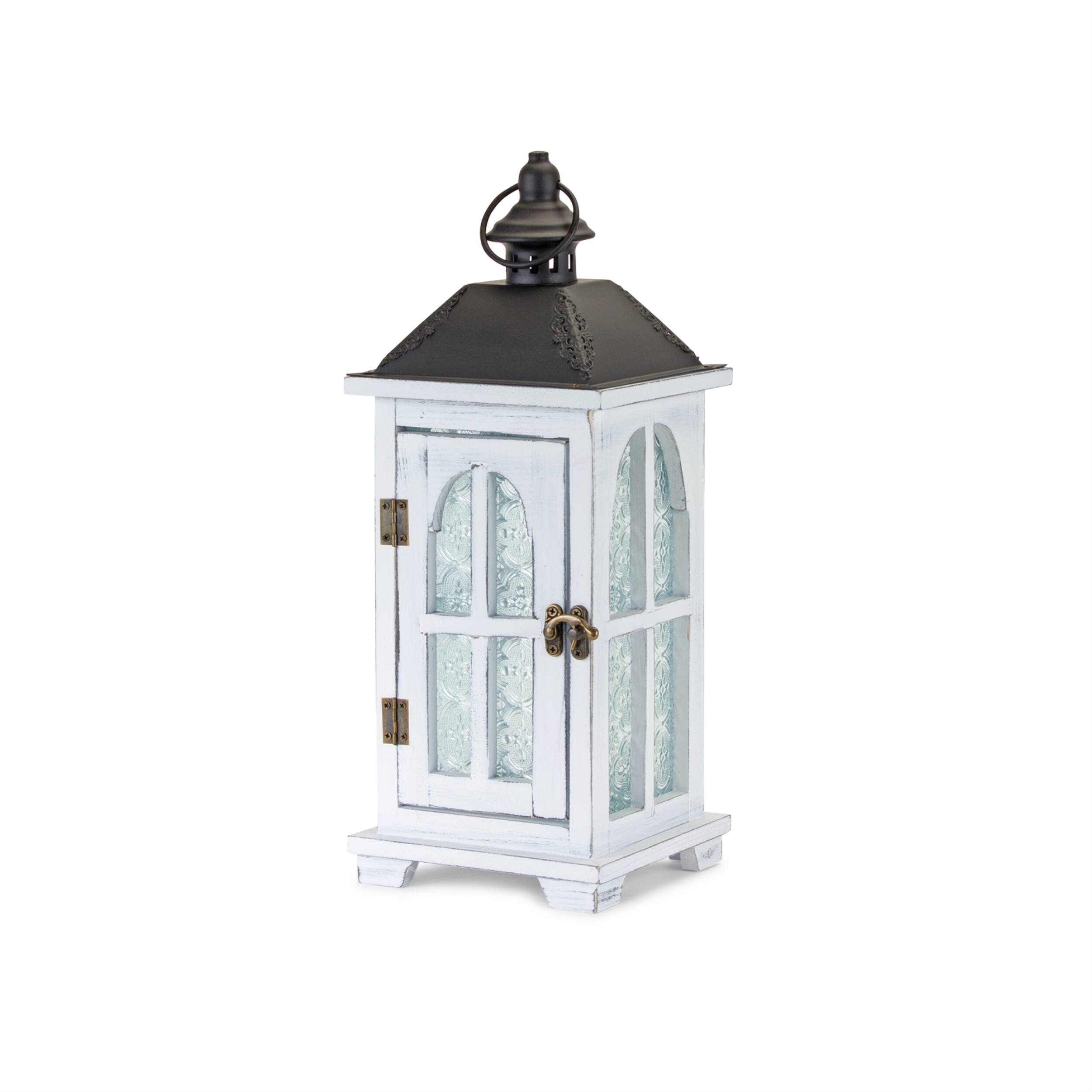 Left. BreeBe - White Wood Lantern with Ornate Frosted Glass (Set of 2) - Black, White, Brown.
