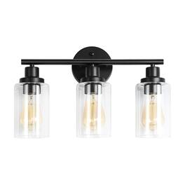 Oumilen - 3-Light Glass Vanity Light 17.32In Black Metal Wall Sconce with Clear Glass Shades Industrial Bathroom Light