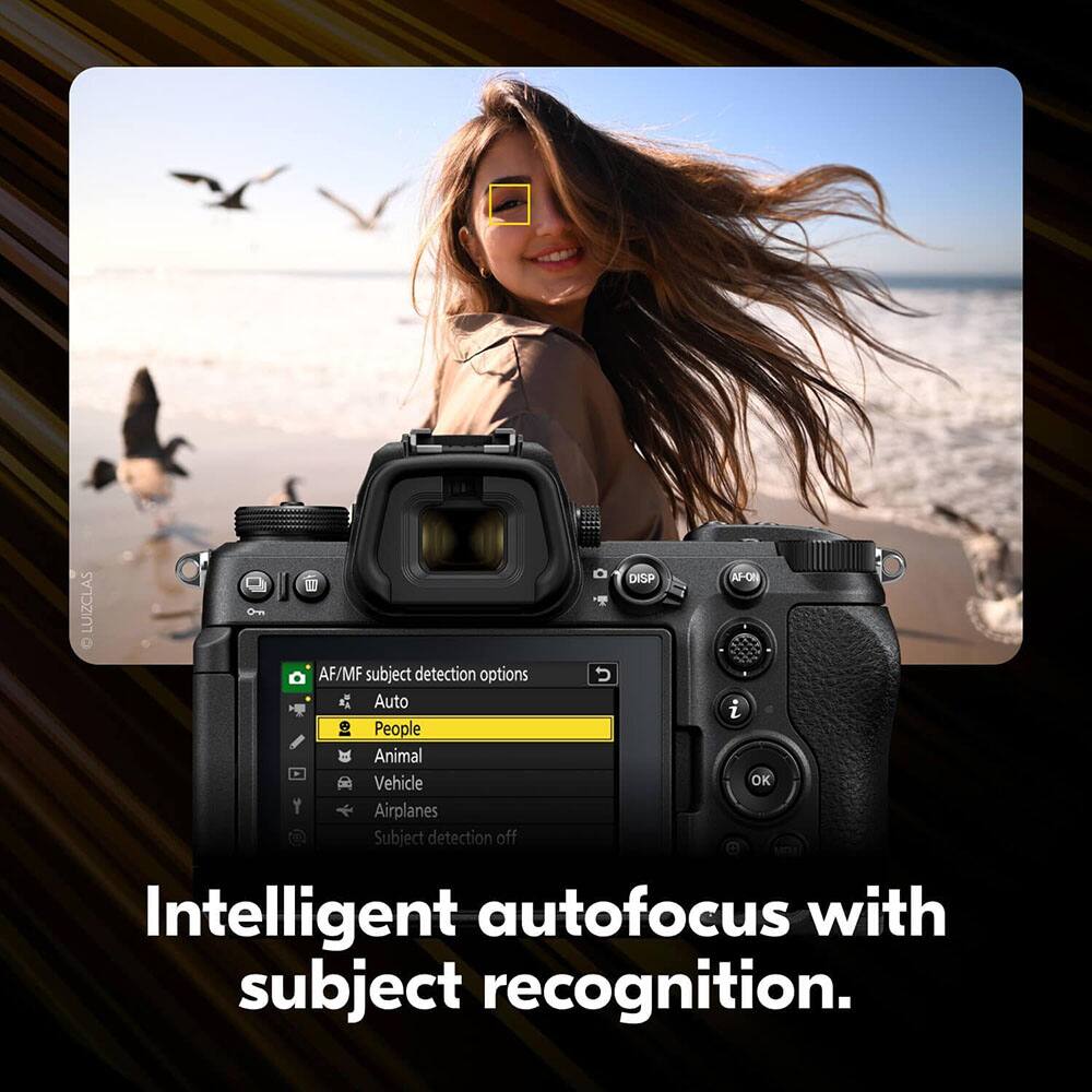DISP AFO LUIZCLAS AF/MF subject detection options U Auto z  People Animal Vehicle OK Y Airplanes Subject detection off Intelligent autofocus with subject recognition.
