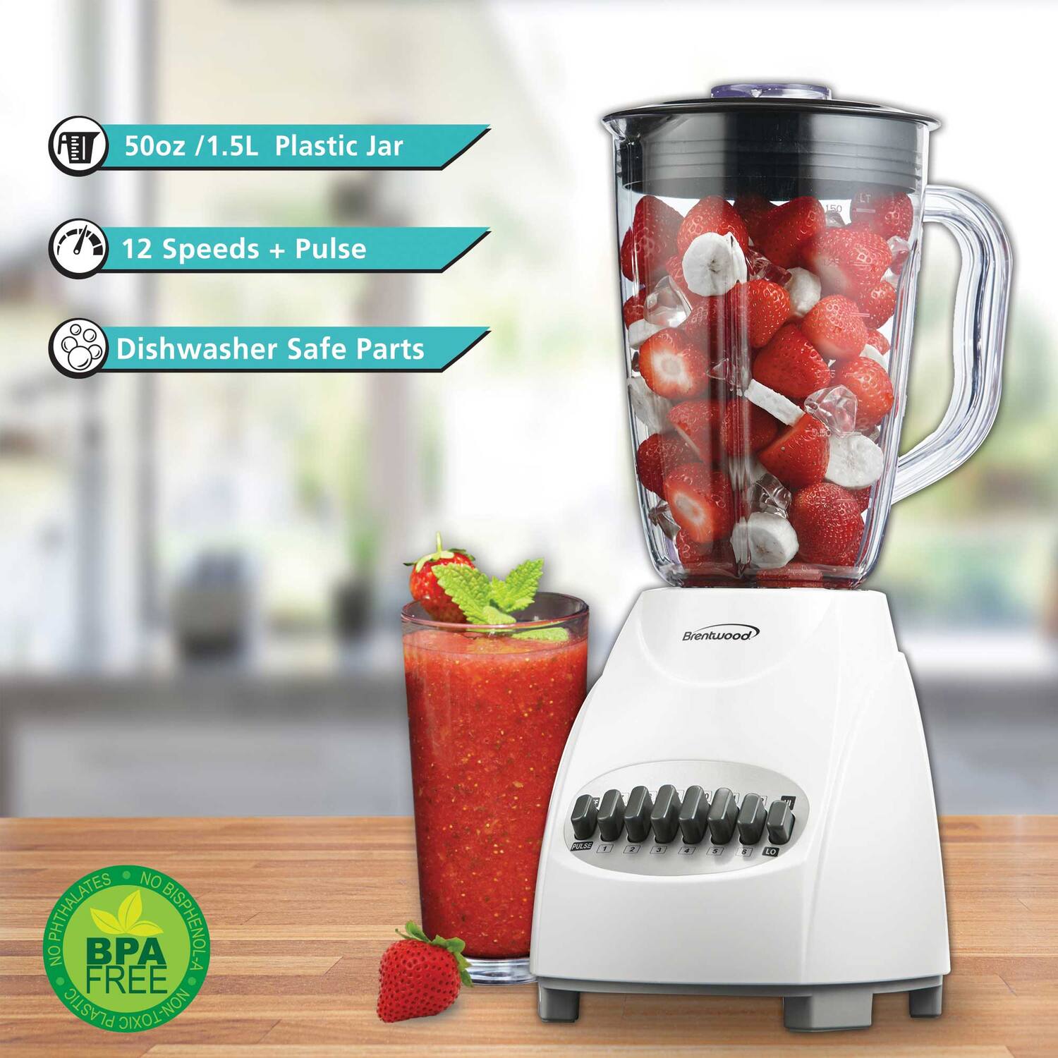 50oz / 1.5L Plastic Jar  
12 Speeds + Pulse  
Dishwasher Safe Parts  

NO PHTHALATES  
NO BISPHENOL A  
BPA FREE PLASTIC  
NON-TOXIC