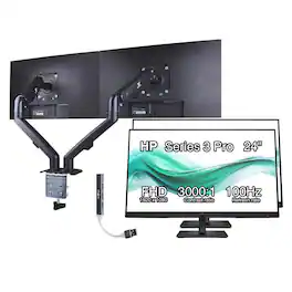 HP - Series 3 Pro 324pv 24" FHD Monitor, Anti-Glare, VGA, (9U5C1AA#ABA) 2 Pack w/DKZ Hub & Ergoflexy Dual Mount Arm - Black