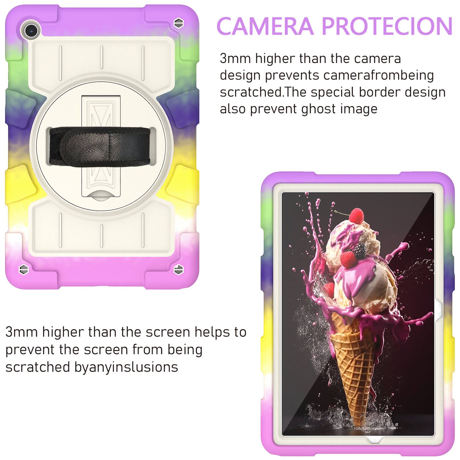 CAMERA PROTECION  
3mm higher than the camera design prevents camera from being scratched. The special border design also prevents ghost image.  

3mm higher than the screen helps to prevent the screen from being scratched by any inclusions.