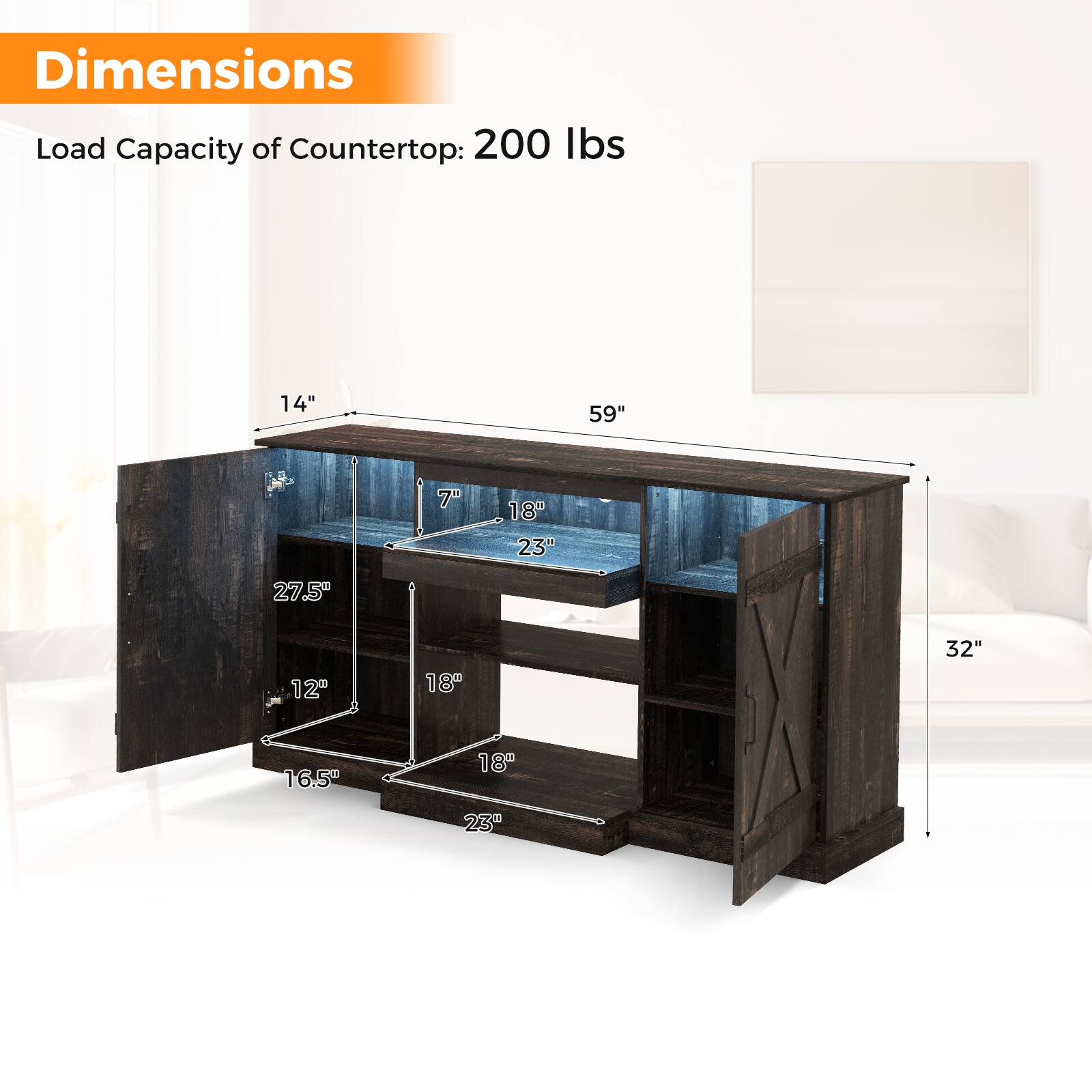 Dimensions  
Load Capacity of Countertop: 200 lbs  

- 59" (Width)  
- 32" (Depth)  
- 14" (Height of Top Shelf)  
- 7" (Height of Middle Shelf)  
- 18" (Height of Bottom Shelf)  
- 27.5" (Depth of Top Shelf)  
- 23" (Depth of Middle Shelf)  
- 16.5" (Depth of Bottom Shelf)  
- 12" (Height of Side Panel)