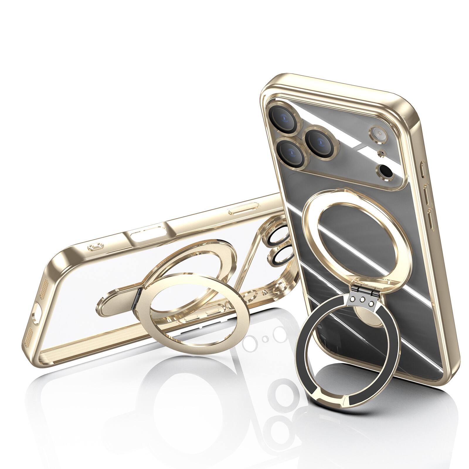 Left. Dteck - Dteck MagSafe Compatible Case for Apple iPhone 17 Pro Max with Plating Ring Stand Lens Protection Cover - Gold.