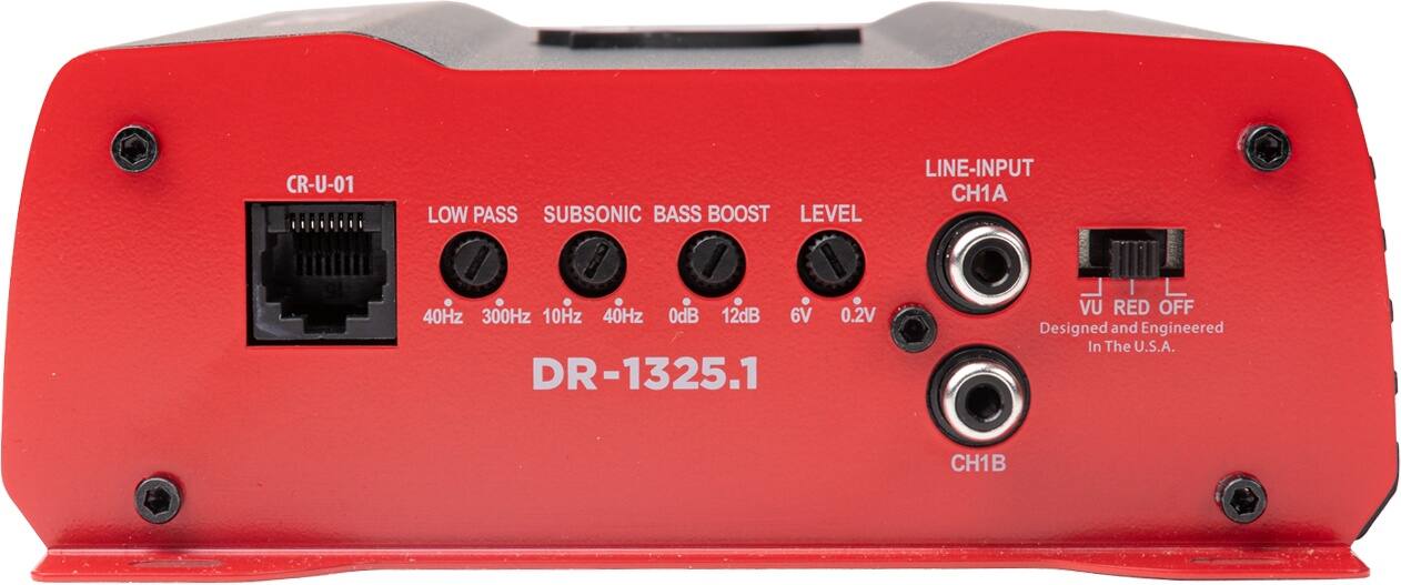 CR-U-01 LOW PASS SUBSONIC BASS BOOST LEVEL LINE-INPUT CH1A 40Hz 300Hz 10Hz 40Hz 0dB 12dB 6V 0.2V VU RED OFF Designed and Engineered In The U.S.A. CH1B DR-1325.1