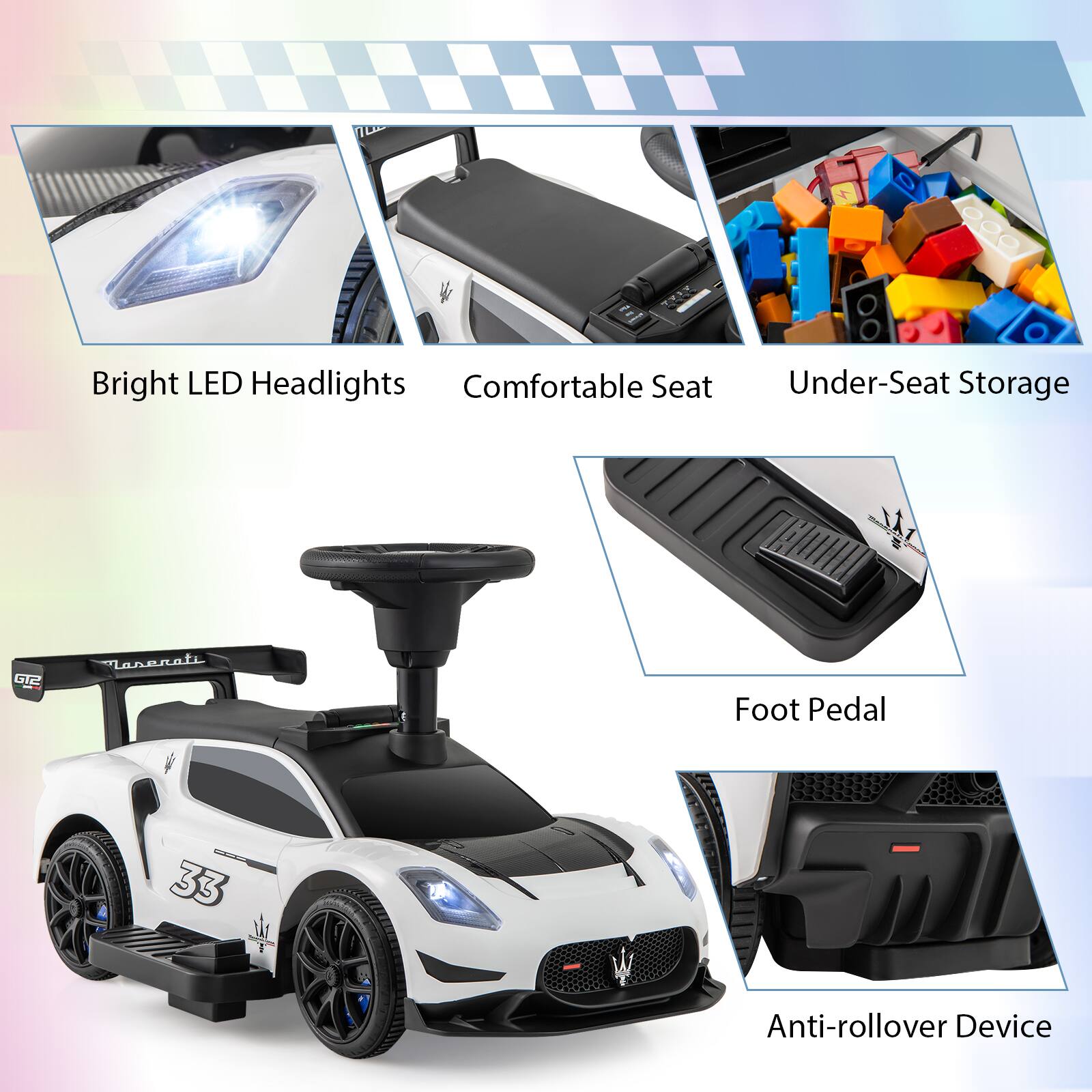 Bright LED Headlights  
Comfortable Seat  
Under-Seat Storage  
Foot Pedal  
Anti-rollover Device
