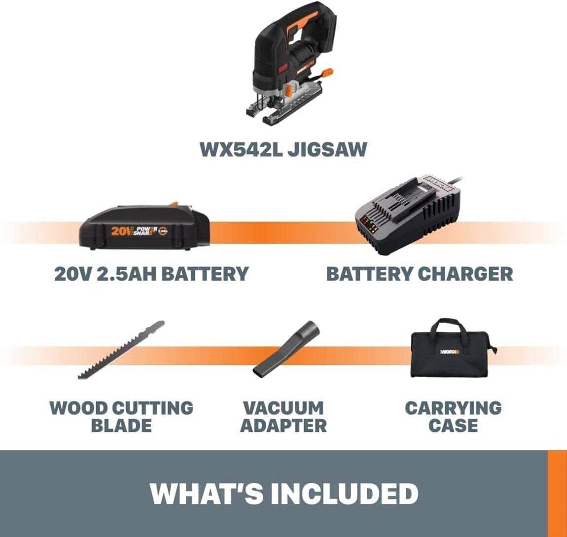 The text on the image is grouped and corrected as follows:

WX542L JIGSAW:
- 20V 2.5AH BATTERY
- BATTERY CHARGER
- WOOD CUTTING BLADE
- VACUUM BLADE ADAPTER
- CARRYING CASE
WHAT'S INCLUDED