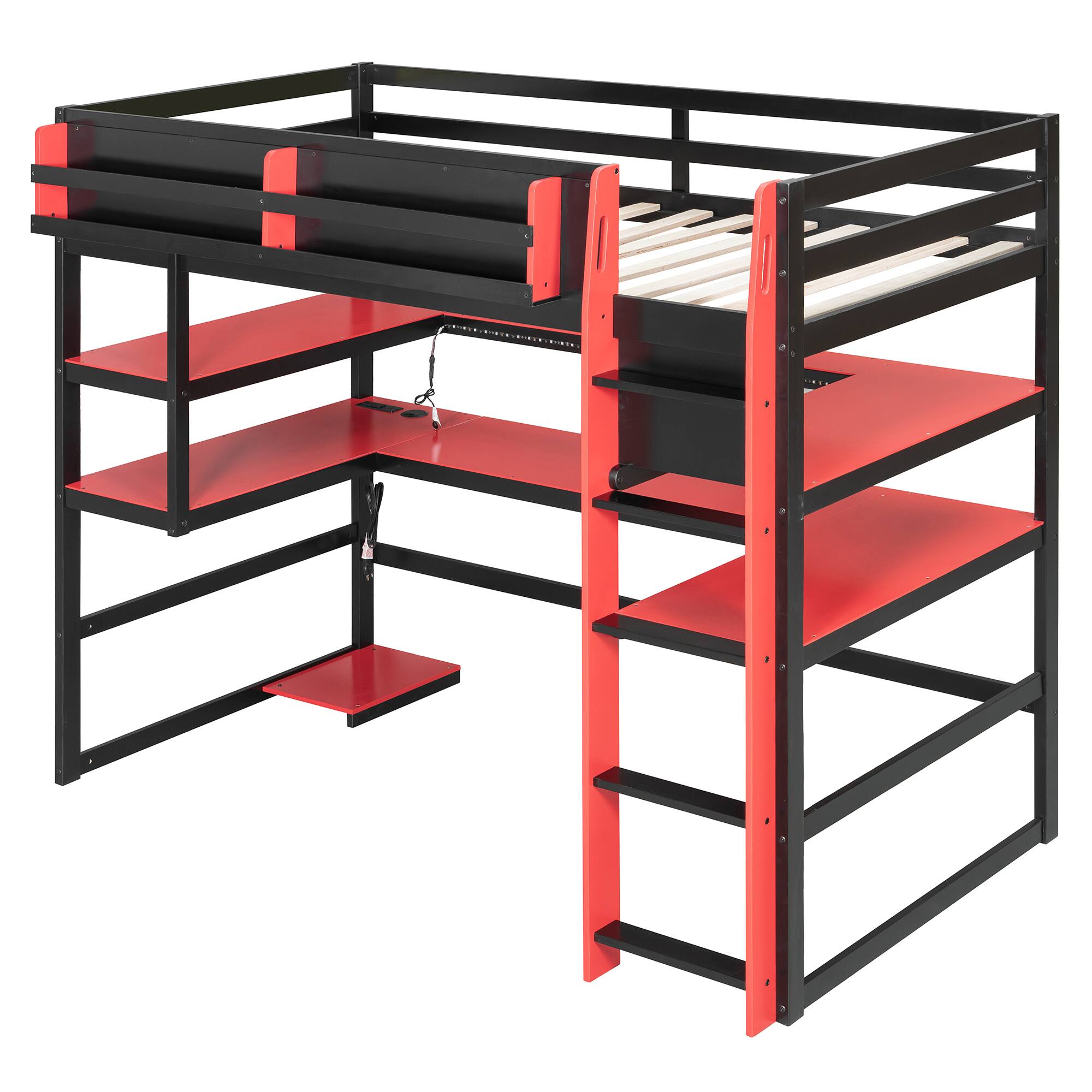 Back. Anysun - Twin Size Wood Loft Bed with Desk,Side storage rack,Multi-storage Shelves and RGB Light,Cloud - Red.