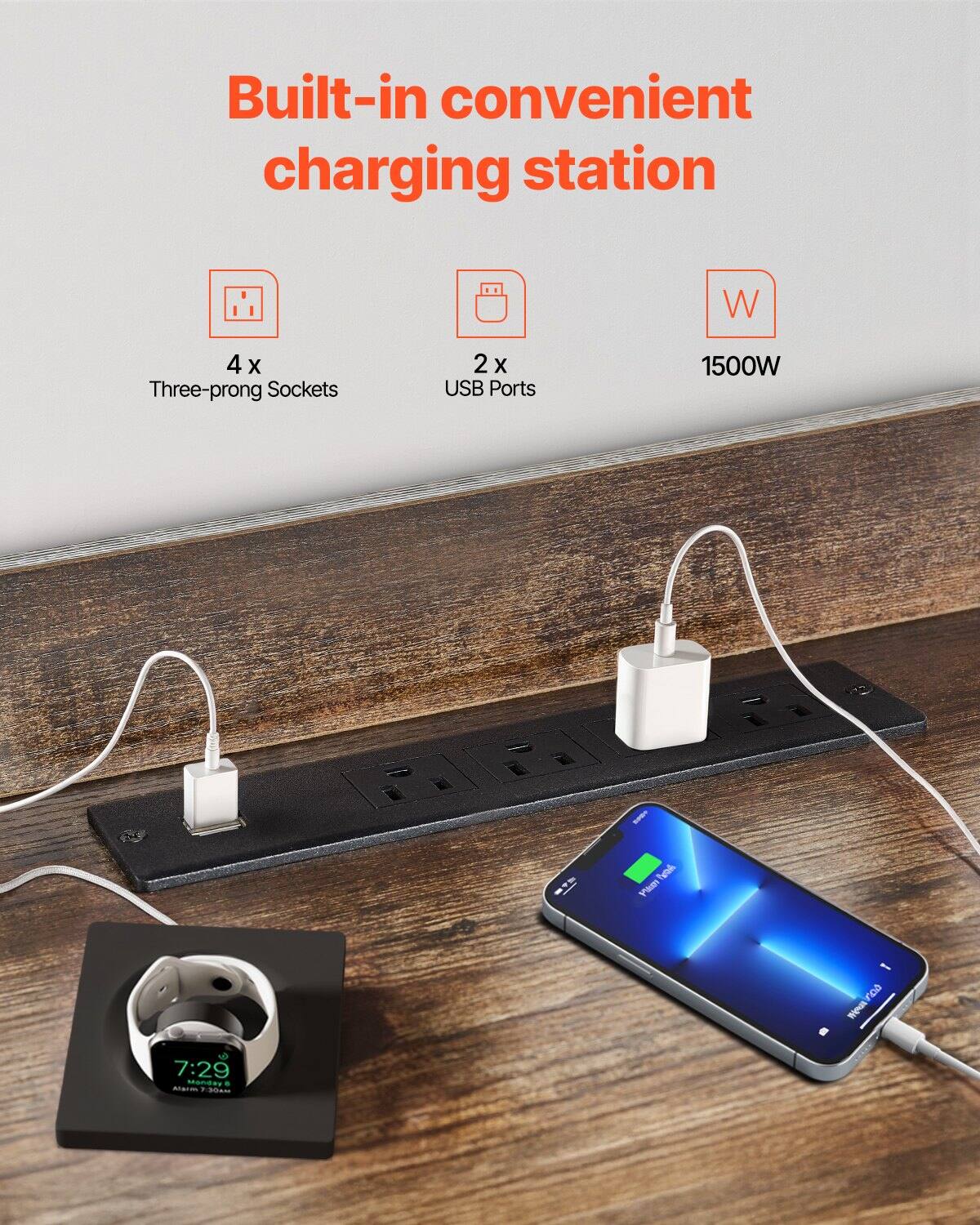 Built-in convenient charging station

4 x Three-prong Sockets  
2 x USB Ports  
1500W