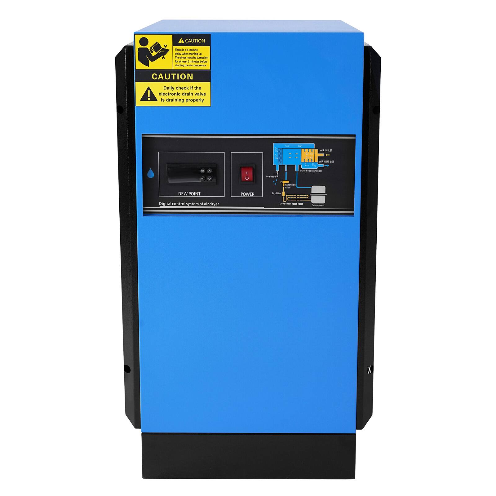 A CAUTION  
There is a 5-minute delay before the compressor starts.  
CAUTION  
Daily check if the electronic drain valve is draining properly.  

DEV POINT  
Digital control system of air dryer  

POWER  

Air IN LET  
Air OUT LET  
Drain Valve  
By Hand  
Control  
Compressor