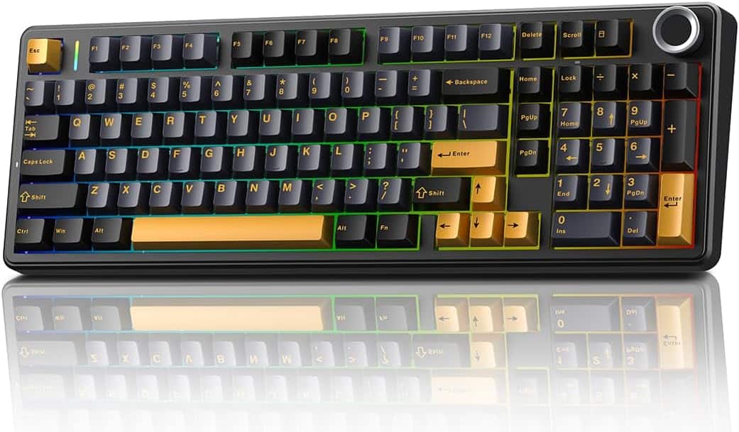 AULA - F99 Pro, 99-Key, Wireless, Hot Swappable, Mechanical Gaming Keyboard, RGB, 5-Layer Padding, 8000 mAh Battery, Knob - Black Yellow