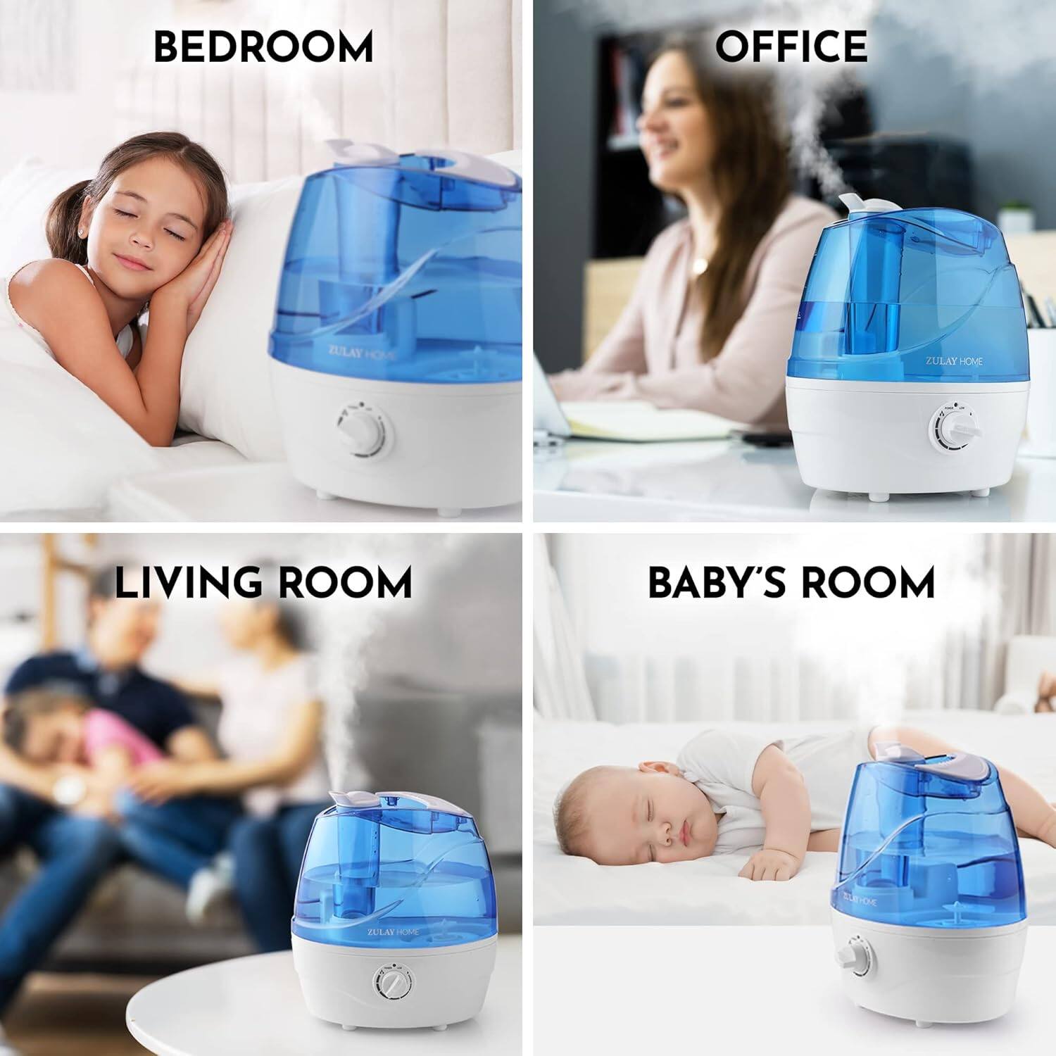 The text in the image can be grouped and corrected as follows:

- Bedroom
- Office
- Living Room
- Baby's Room

The product is labeled "Zulay Home."