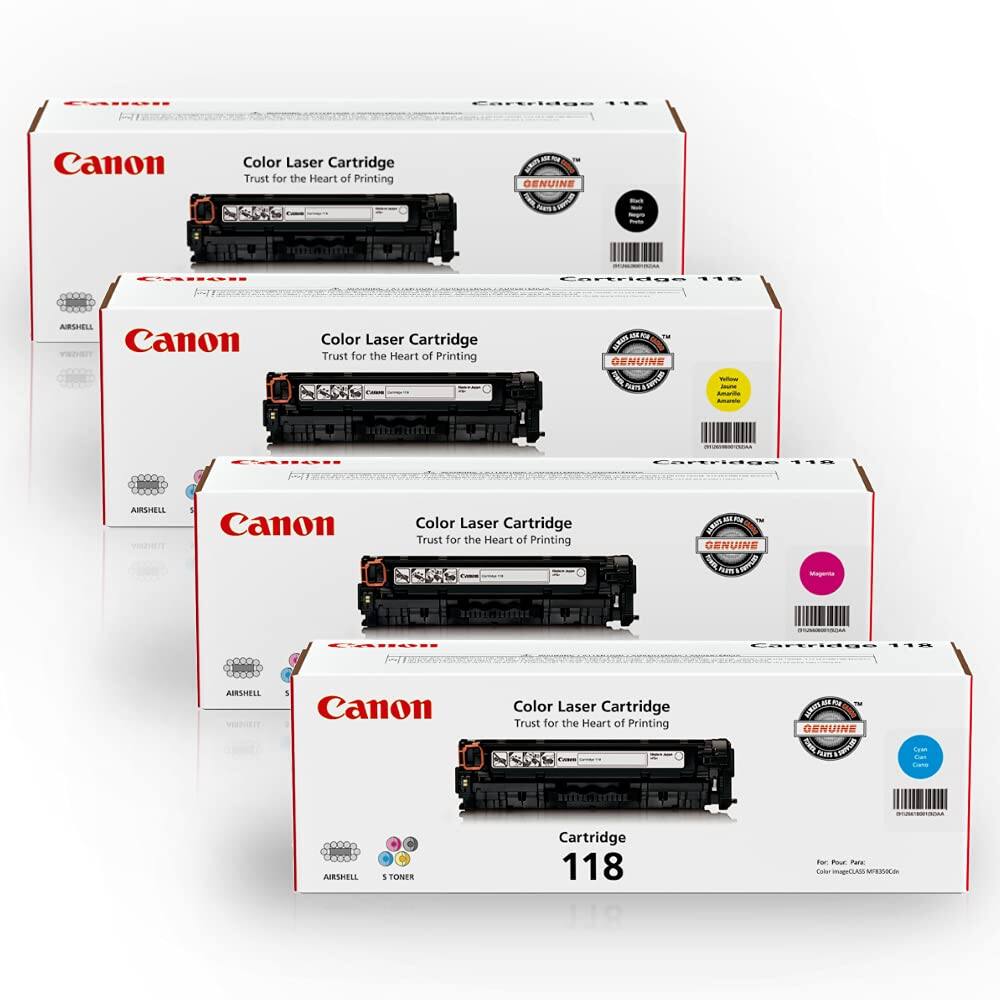 Canon Color Laser Cartridge  
Trust for the Heart of Printing  
GENUINE  

Canon Color Laser Cartridge  
Trust for the Heart of Printing  
GENUINE  

Canon Color Laser Cartridge  
Trust for the Heart of Printing  
GENUINE  

Canon Color Laser Cartridge  
Trust for the Heart of Printing  
Cartridge 118  
GENUINE  

AIRSHELL  
5 TONER  

For Your Art  
Canon imageCLASS MF505dw