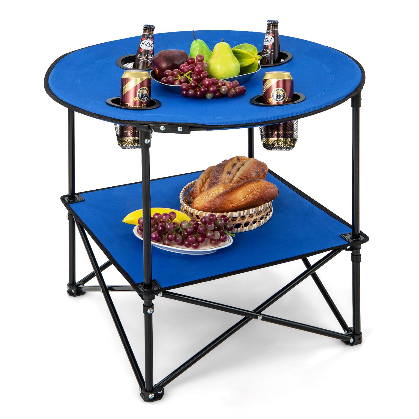 The image features a blue table with a variety of food items and drinks on it. There are two bowls of fruit, including grapes and bananas, and a basket of bread. Additionally, there are three bottles of beer on the table. The table is set up on a stand, making it a convenient and stylish way to enjoy a meal or snack.