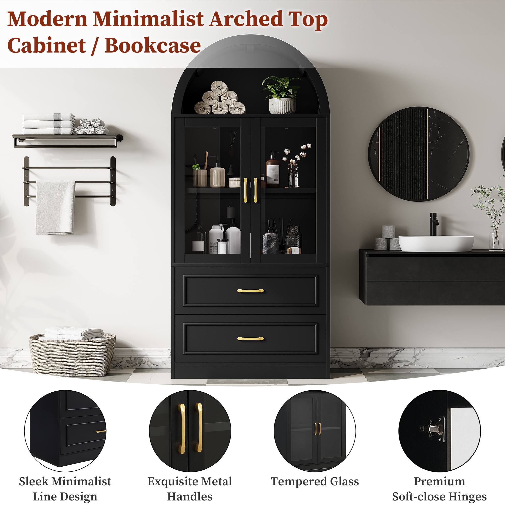 Modern Minimalist Arched Top Cabinet / Bookcase

Sleek Minimalist Line Design

Exquisite Metal Handles

Tempered Glass

Premium Soft-close Hinges