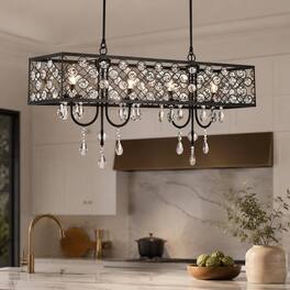 RYHNUYNE - 4-Light Rectangle Crystal Chandelier, Adjustable Raindrop Beaded Ceiling Fixture E12 Base - Black