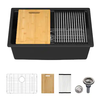 Front. Lordear - 28x19x10 Inch Black Granite Composite Undermount kitchen Sink Single Bowl Quartz Workstation kitchen Sink - Black.