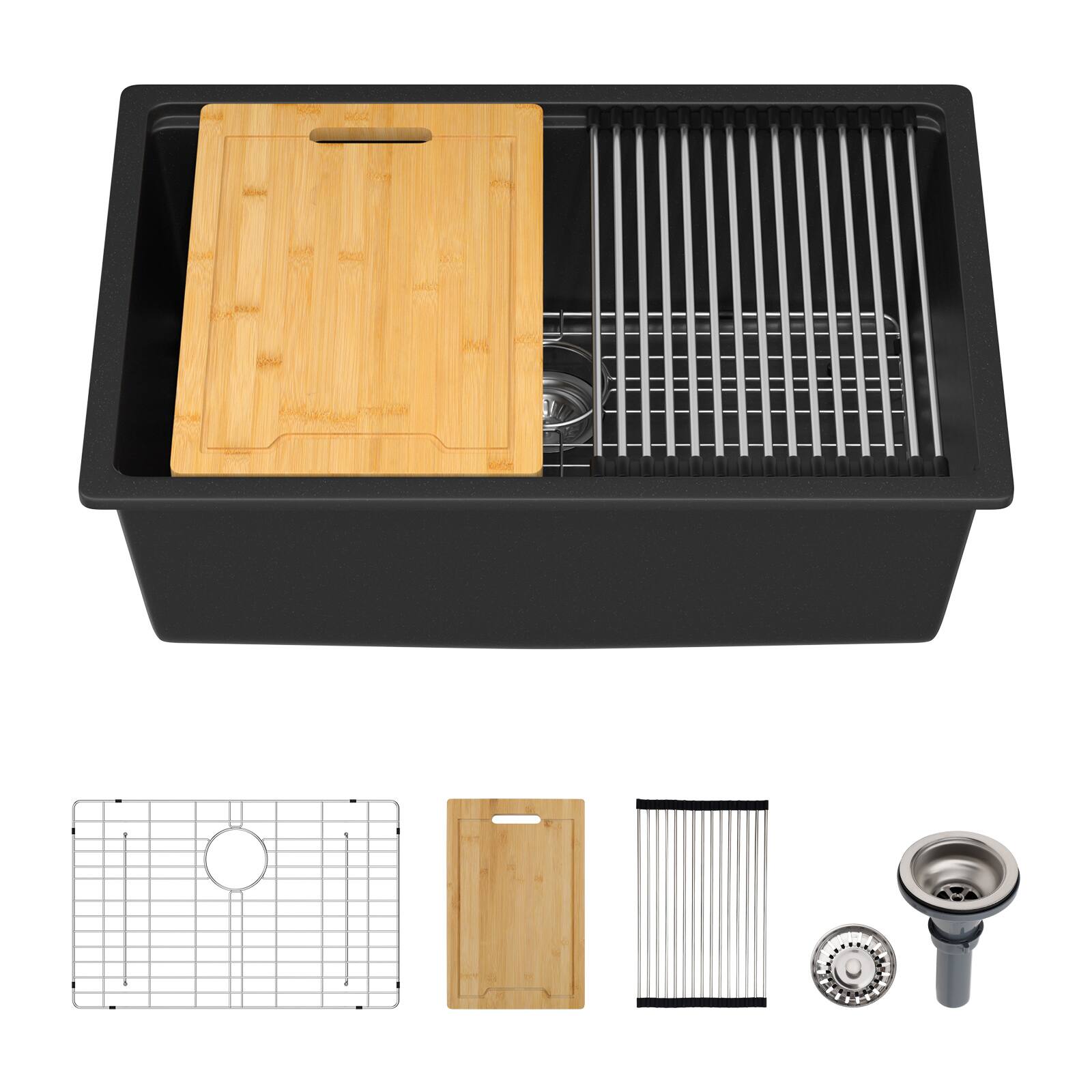 Front. Lordear - 28x19x10 Inch Black Granite Composite Undermount kitchen Sink Single Bowl Quartz Workstation kitchen Sink - Black.