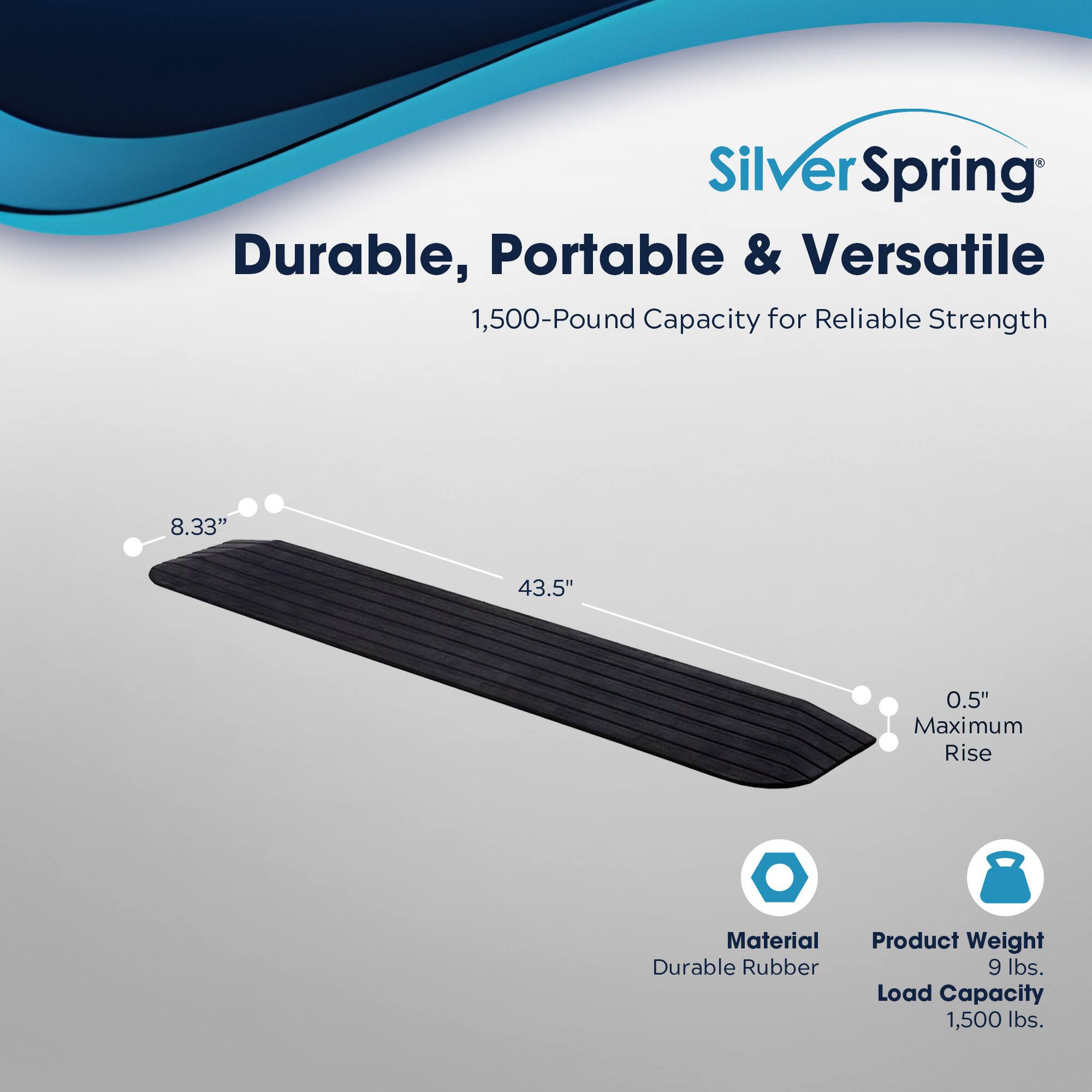Silver Spring  
Durable, Portable & Versatile  
1,500-Pound Capacity for Reliable Strength  

- 8.33"  
- 43.5"  
- 0.5" Maximum Rise  

Material: Durable Rubber  
Product Weight: 9 lbs.  
Load Capacity: 1,500 lbs.