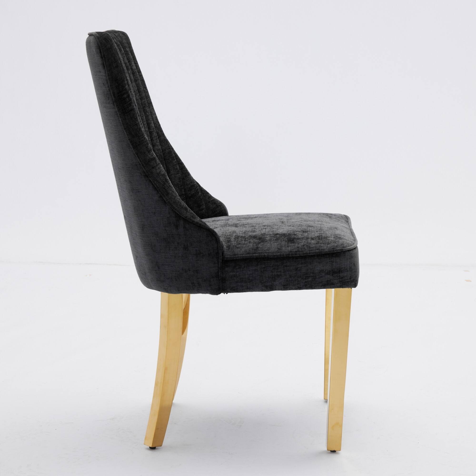 Alt View 1. GOODSILO - Luxury Chenille Fabric Upholstered Dining Chairs with Golden Stainless Steel Legs, Set of 2 - Black.